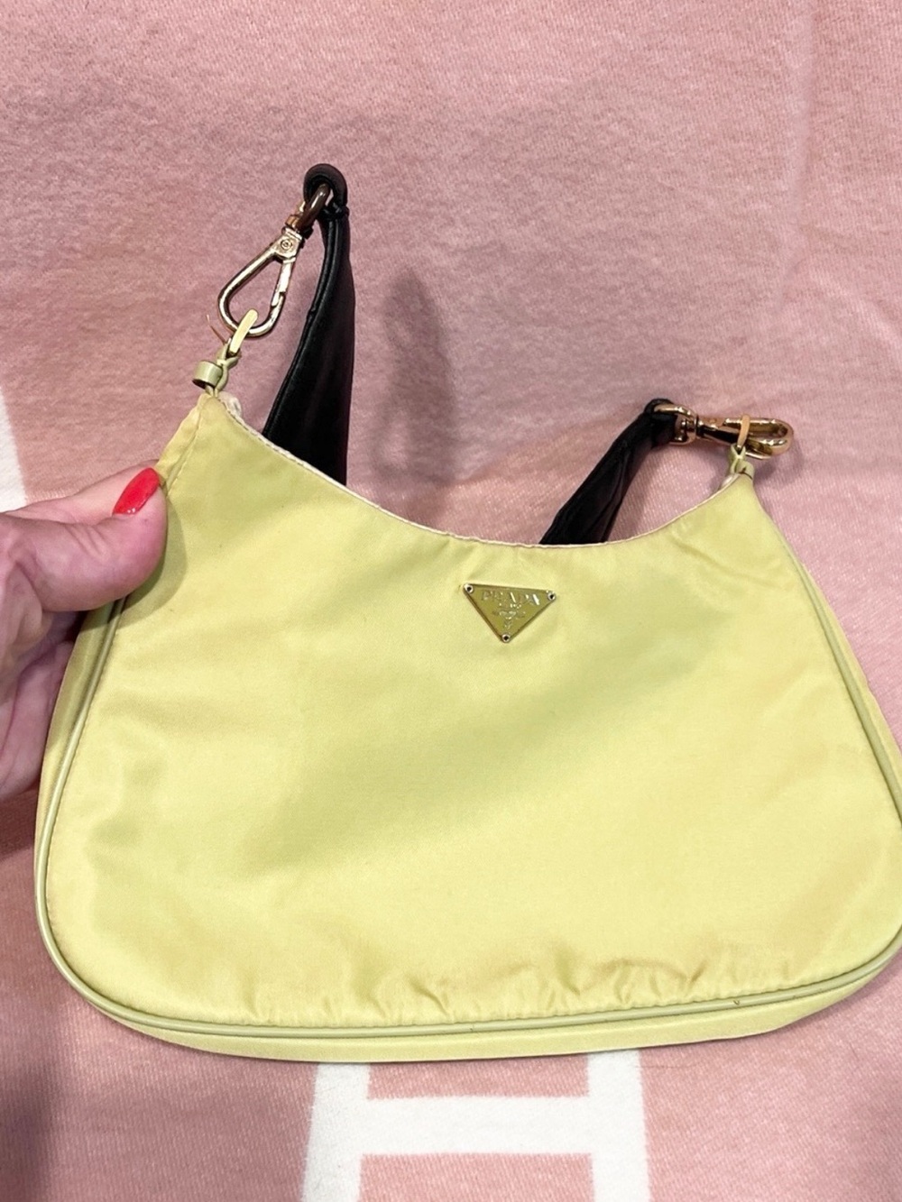 PRADA🌟Neon Yellow/green NO STAINS! Nylon Shoulder Bag. Black leather Prada add - Picture 6 of 13